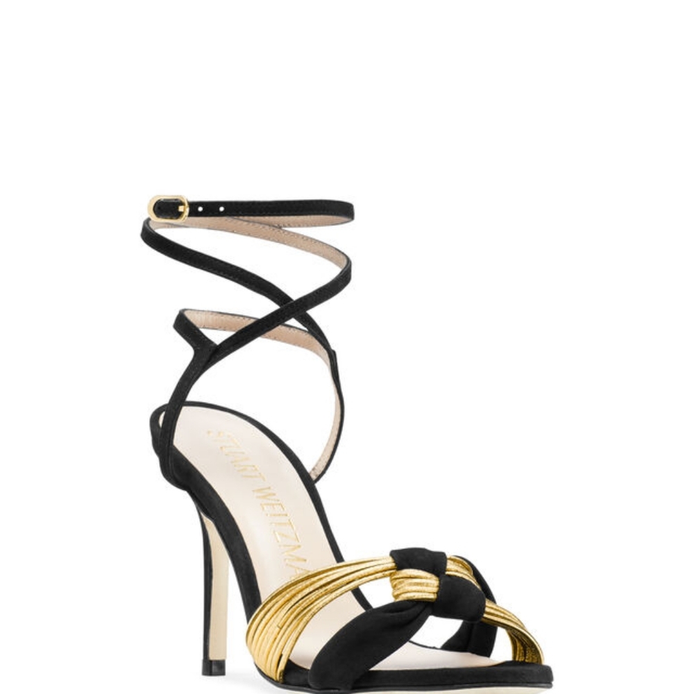 Stuart Weitzman Black & Gold Ankle Wrap Stiletto 3.7 Inch Heel. Size 8